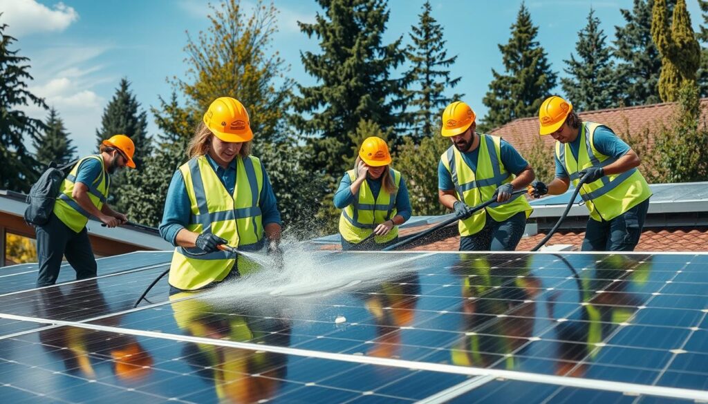 Image of Sunshine Cleaners PDX team cleaning solar panels in Portland, OR
