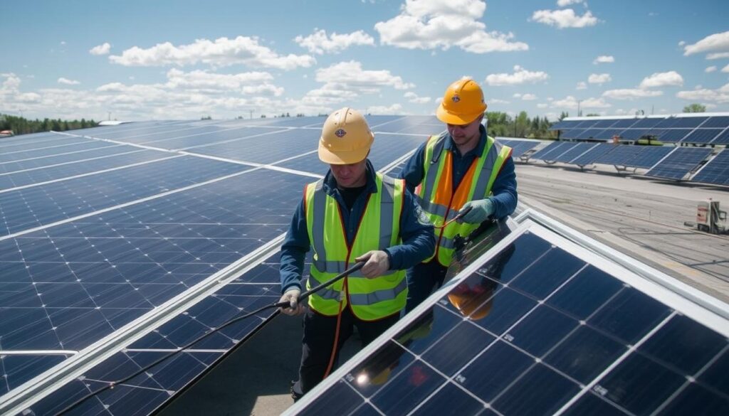 Image of Sunshine Solar Cleaners team inspecting and cleaning a commercial solar array in St. Paul