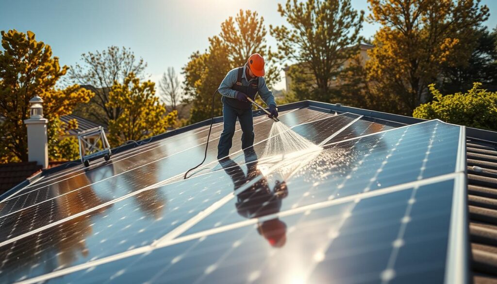 Image of SurePro Exteriors technicians cleaning solar panels