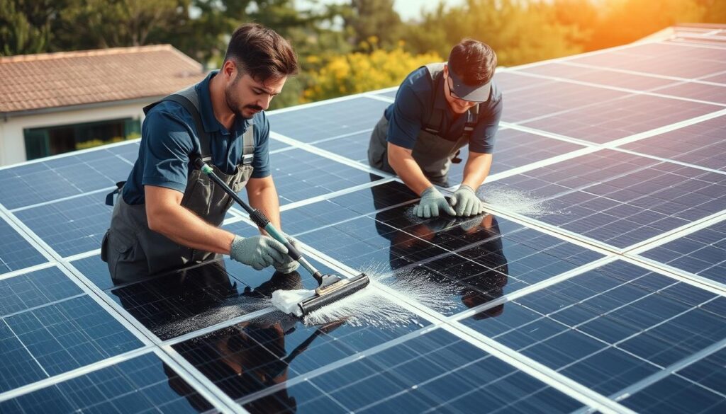 Image of Synergy Home Solar team cleaning solar panels with industry-proven techniques