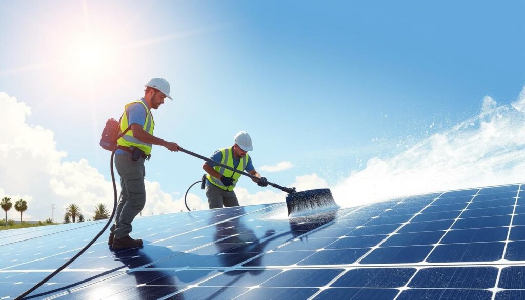 Image of Tulsa Pros team using equipment to clean solar panels