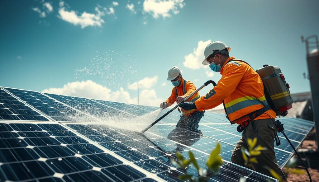 Image of Unity Solar Panel Cleaning Services in action, with technicians cleaning solar panels using pure reverse osmosis deionized water.