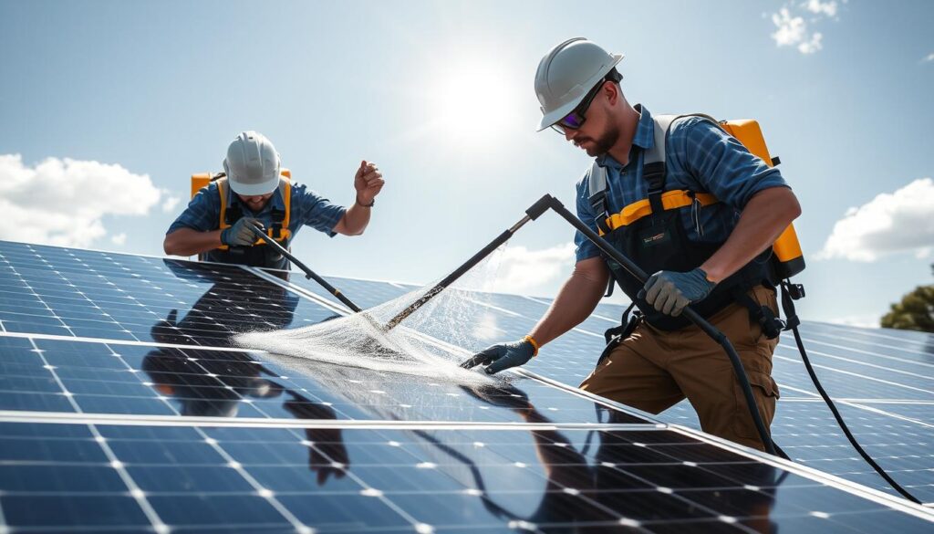 Image of Warner Robins Solar Maintenance Pros cleaning solar panels