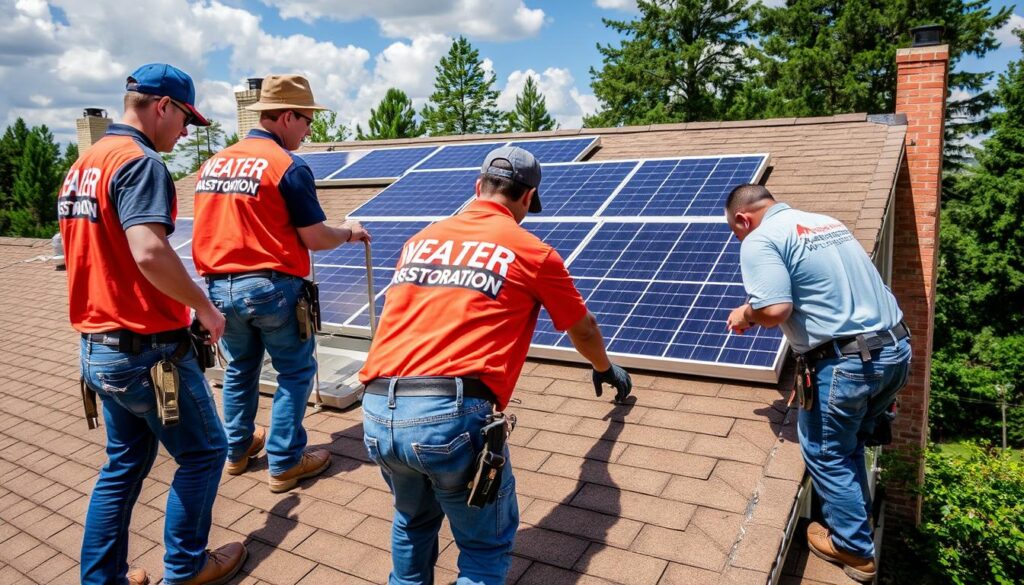 Image of Weatherguard Roofing and Restoration team working on a roof with solar panels