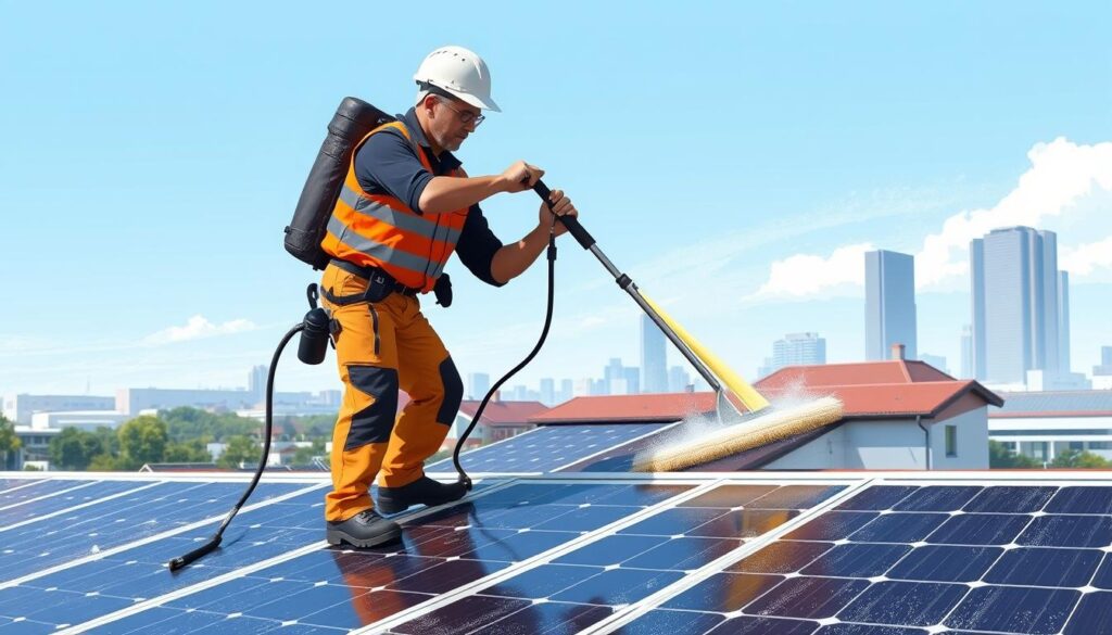 Image of a HomeSmiles Birmingham technician cleaning solar panels