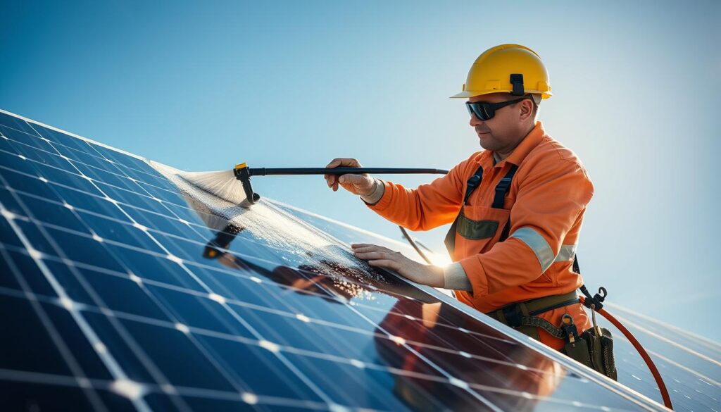 Image of a Pocatello Solar Solutions technician cleaning solar panels