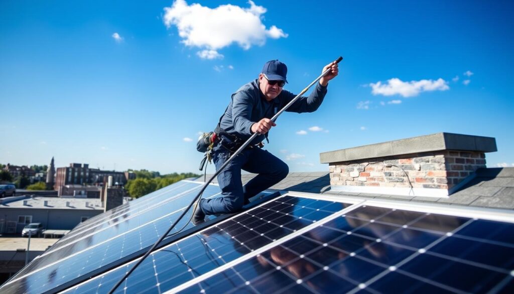 Image of a South Shore Window Cleaning technician cleaning solar panels in Quincy, MA