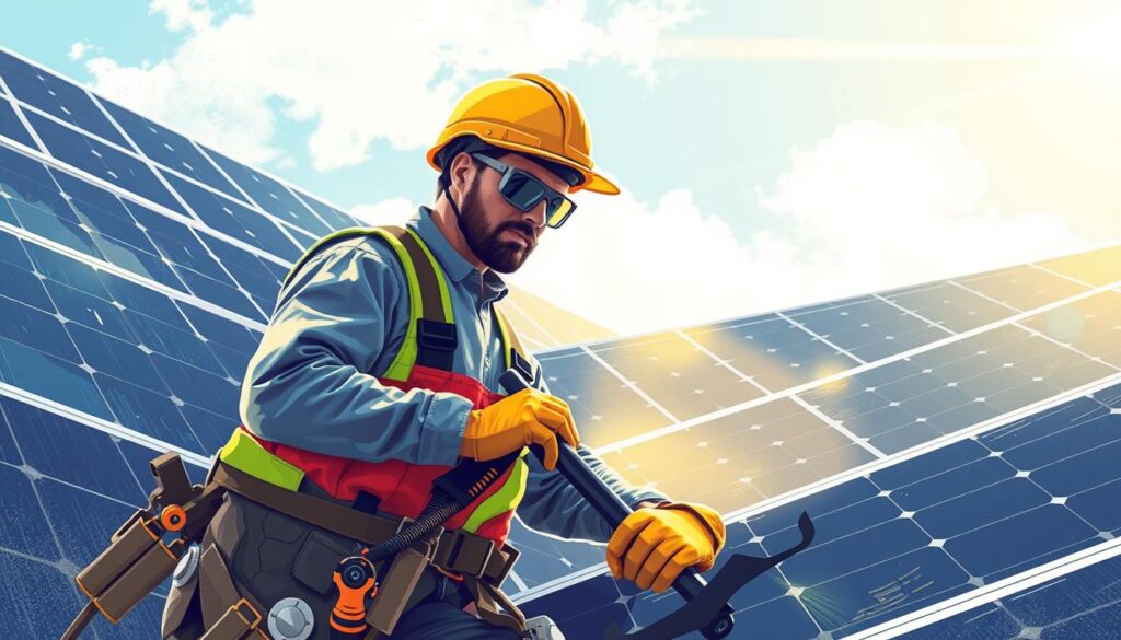 Image of a professional solar panel cleaner in Charleston, WV, using specialized equipment.