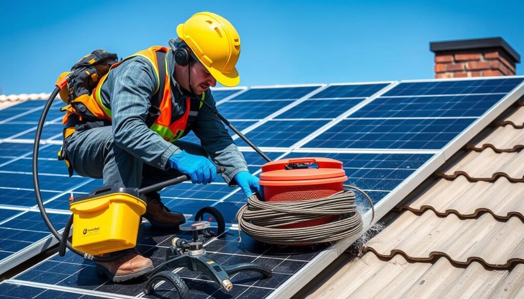 Image of a solar panel cleaning service technician in Rochester, MN