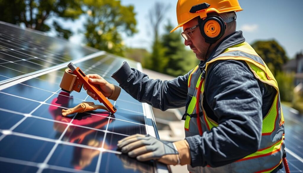 Image of a solar panel maintenance expert inspecting panels in East Providence