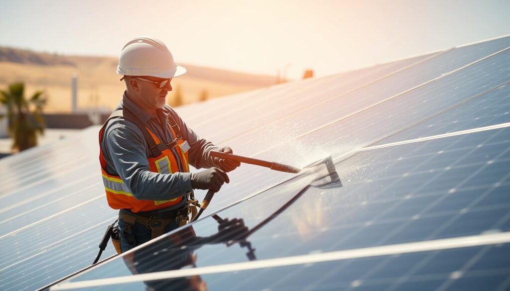 Image of a technician cleaning solar panels in Pocatello