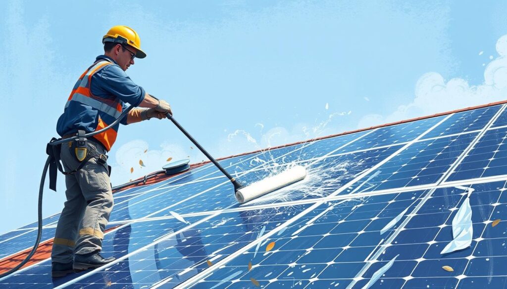 Image of a technician from AA Window and Gutter Cleaning cleaning solar panels in Hillsboro, OR