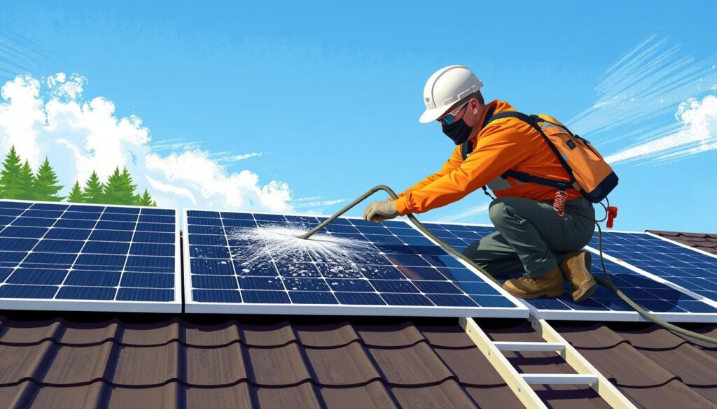Image of a technician from Dave's Exterior Cleaning cleaning solar panels in Portland