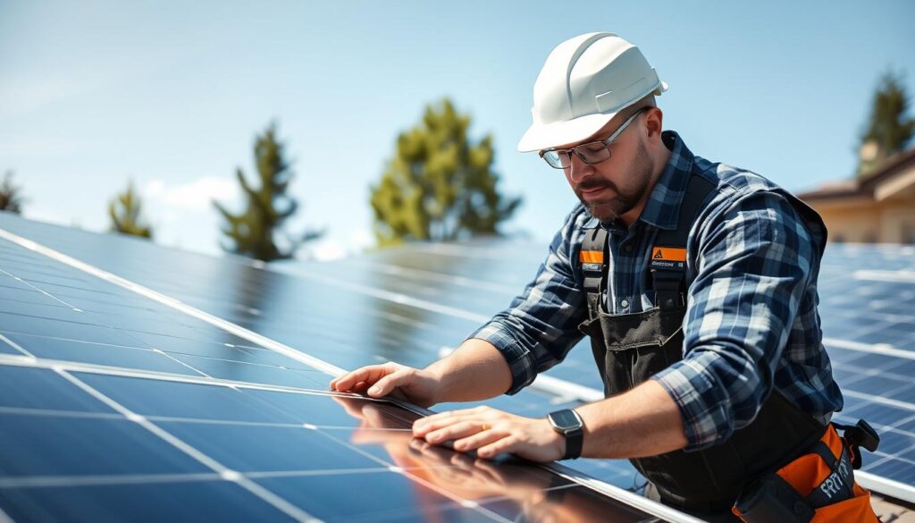 Image of a technician from Portland Solar Maintenance Pros inspecting solar panels