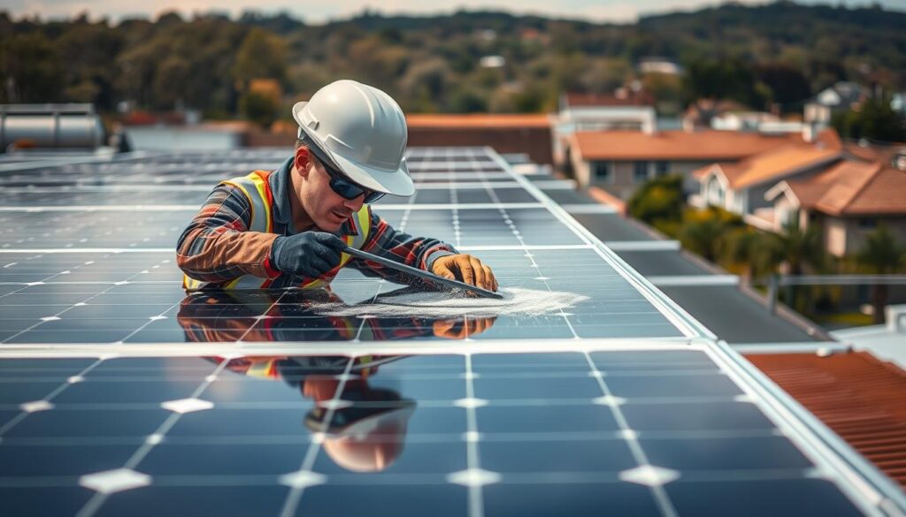 Image of a technician inspecting and cleaning solar panels to maximize efficiency in Charleston, WV.