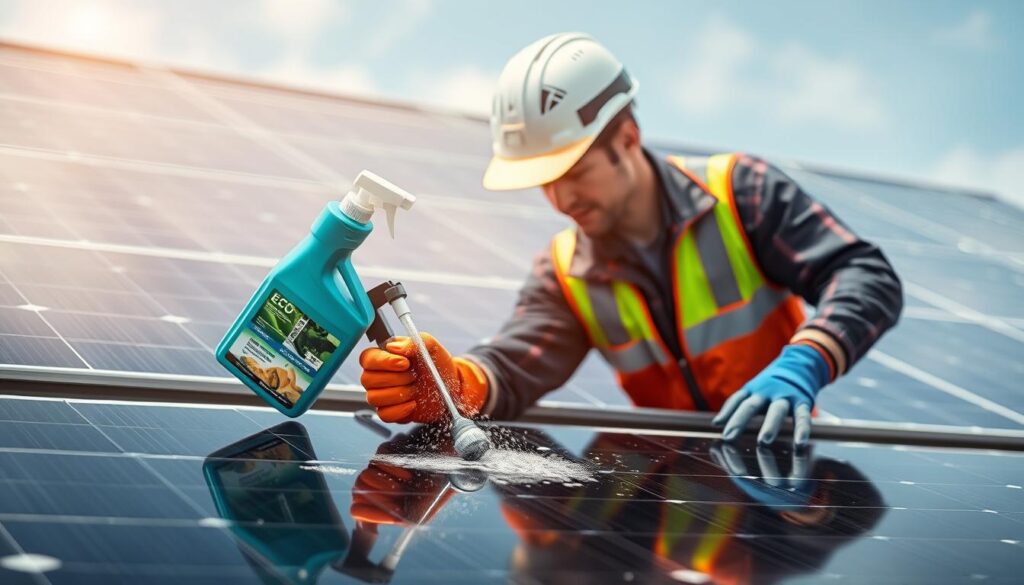 Image of a technician using eco-friendly cleaning solution on solar panels