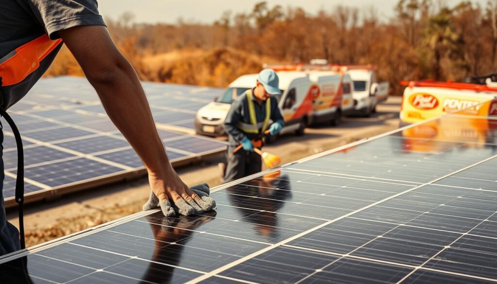Prompt A well-equipped solar panel cleaning service team working diligently in Birmingham, AL. In the foreground, a technician carefully wiping down a solar panel with a microfiber cloth, ensuring maximum efficiency. In the middle ground, another technician using a specialized cleaning solution and a soft-bristle brush to remove any built-up grime or debris. In the background, a fleet of service vehicles with prominent branding, ready to tackle the task at hand. The scene is bathed in warm, natural sunlight, highlighting the pristine panels and the professionals' dedication to their craft. The atmosphere conveys a sense of professionalism, attention to detail, and a commitment to maintaining the optimal performance of solar energy systems.