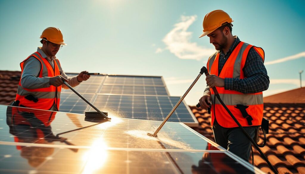 Two professional solar panel cleaning technicians in bright orange safety vests, using specialized tools and equipment to meticulously clean the panels on a residential rooftop. The scene is bathed in warm, golden afternoon sunlight, casting long shadows across the solar array. The technicians work with a focused, diligent attention to detail, showcasing the care and expertise required for proper solar panel maintenance. The background features a clear blue sky, with a few wispy clouds, highlighting the clean, renewable energy harnessed by the gleaming solar panels.