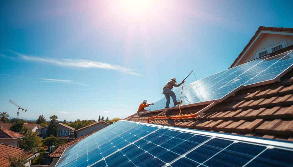 a professional solar panel cleaning service in a residential neighborhood, with workers carefully cleaning panels on the rooftops of houses using specialized equipment and tools, with a sunny, warm, and vibrant atmosphere that conveys the importance of maintaining solar energy systems for clean, renewable power generation, captured from an angle that showcases the scale and detail of the cleaning process in a visually engaging way