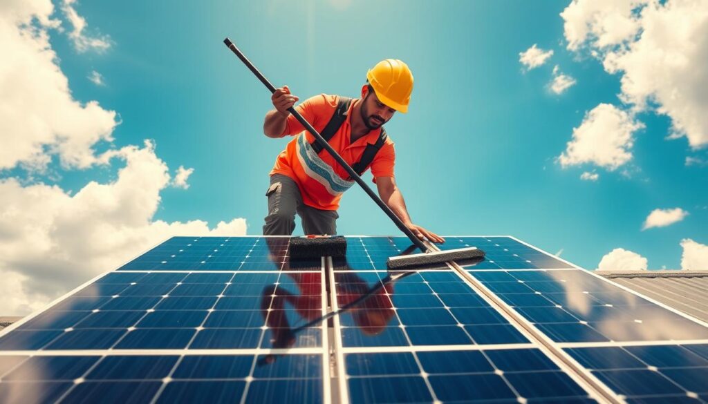 a professional worker cleaning solar panels using a long brush and squeegee on a sunny day, high angle view from above, solar panels installed on a flat roof, bright blue sky with fluffy white clouds, mild breeze, rays of sunlight reflecting off the panels, sparkling clean and freshly maintained panels, warm and vibrant color tones, sense of care and attention to detail