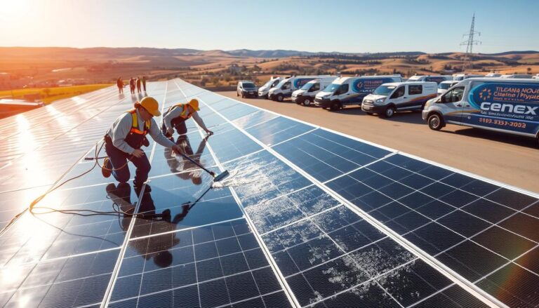 A bustling scene of professional solar panel cleaning services in Sioux Falls, SD. In the foreground, a team of skilled technicians carefully wiping down an array of shimmering solar panels, their efficient tools and equipment neatly organized. In the middle ground, a fleet of specialized cleaning vehicles, their logos prominently displayed, ready to service residential and commercial properties. The background showcases the expansive blue skies and rolling hills of the Sioux Falls landscape, creating a picturesque setting for this essential solar maintenance work. The lighting is natural and bright, highlighting the pristine finish of the cleaned panels. The overall atmosphere conveys a sense of professionalism, attention to detail, and a commitment to optimizing solar energy efficiency.