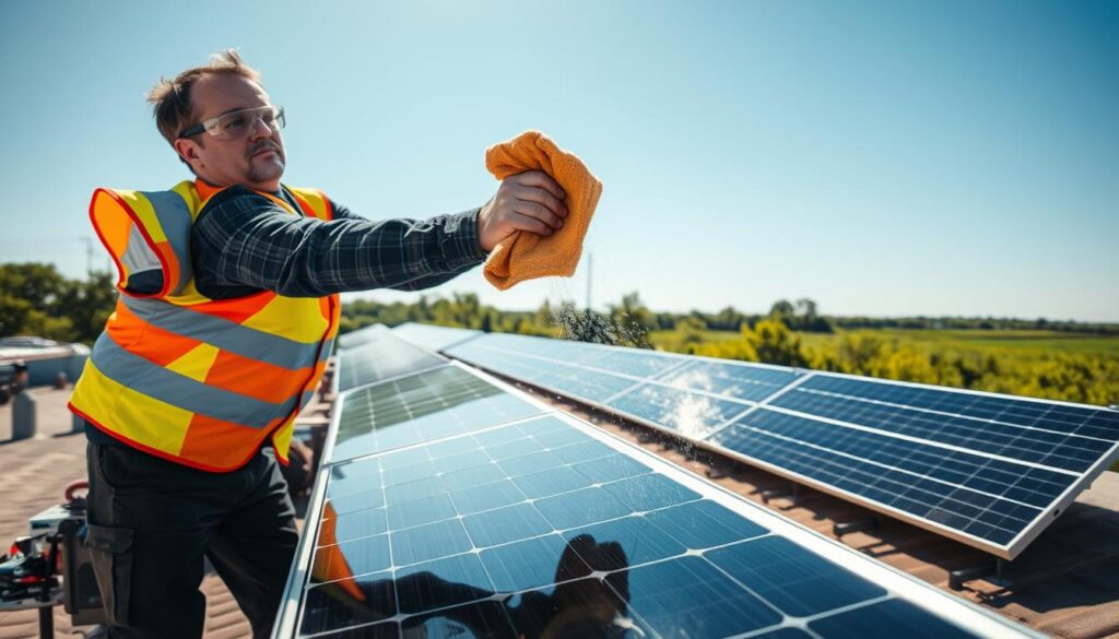 A close-up shot of a professional solar panel cleaning service in action, set against the backdrop of a bright, sunny day in West Fargo. In the foreground, a technician in a safety vest and goggles carefully wipes down a gleaming solar panel with a microfiber cloth, ensuring maximum efficiency and performance. The middle ground features an array of solar panels on a rooftop, with the technician's equipment and tools neatly organized nearby. In the background, the clear blue sky and lush greenery of the West Fargo landscape create a serene and inviting atmosphere, emphasizing the environmental benefits of well-maintained solar energy systems.