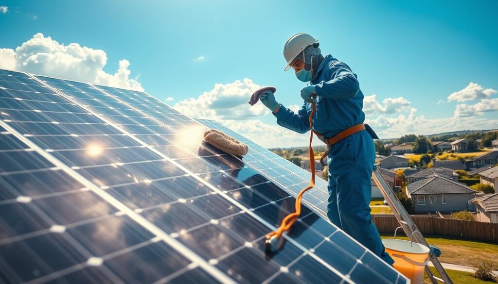 A detailed, photorealistic image of solar panels being cleaned in a sunny, well-lit environment. In the foreground, a person wearing a blue jumpsuit and protective gear is carefully wiping down the panels with a microfiber cloth, removing any accumulated dust and grime. The middle ground features a ladder leaning against the side of the house, and a bucket of cleaning supplies. In the background, a clear blue sky with fluffy white clouds, and the surrounding landscape of a residential neighborhood. Soft, warm lighting accentuates the scene, creating a sense of calm and productivity. The overall composition emphasizes the importance and process of maintaining solar panels for optimal energy generation.