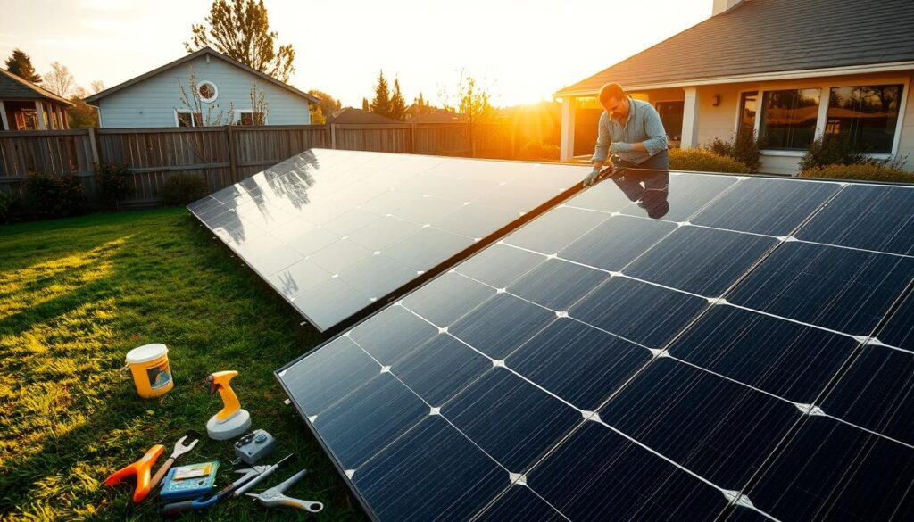 A detailed solar panel array in a residential backyard, with a homeowner carefully inspecting and cleaning the panels. The scene is bathed in warm, golden afternoon sunlight, casting long shadows across the lawn. In the foreground, cleaning tools and supplies are neatly arranged, conveying the diligence and care required for this task. The middle ground features the solar panels themselves, their sleek, black surfaces reflecting the sky above. In the background, a well-manicured garden and a modern, energy-efficient home complete the idyllic, sustainable setting. The overall mood is one of quiet productivity and environmental responsibility.