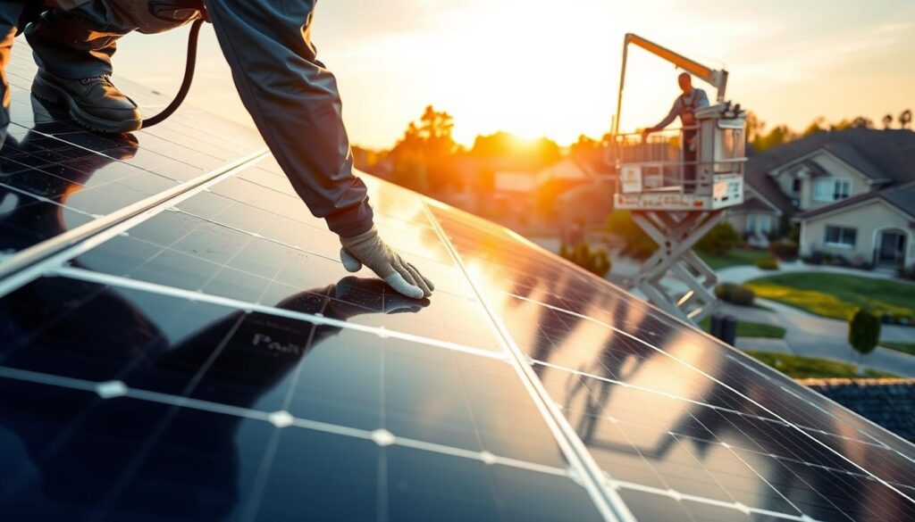 A pristine commercial solar panel on a gently sloped roof, bathed in warm afternoon sunlight. In the foreground, a technician in a navy blue uniform carefully wipes the surface with a microfiber cloth, meticulously removing any dust or debris. In the middle ground, a nearby lift platform provides access to the elevated panels, its hydraulic arm extended. The background depicts a suburban residential neighborhood, with neatly trimmed lawns and well-maintained homes, showcasing the benefits of professional solar panel cleaning services for homeowners. The scene conveys a sense of efficiency, attention to detail, and the importance of maintaining optimal solar energy generation.