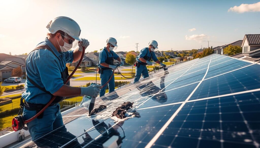 A professional cleaning crew using specialized equipment to meticulously scrub dirt and grime off the surface of solar panels installed on the rooftop of a modern residential building. The technicians carefully wipe down each panel with microfiber cloths and cleaning solutions, ensuring maximum light absorption and energy efficiency. Sunlight streams down from a cloudless sky, casting a warm glow on the scene. The solar array is situated in a picturesque suburban neighborhood, with well-manicured lawns and trees lining the streets in the background. The image conveys the importance of professional solar panel maintenance for maintaining peak performance and prolonging the lifespan of the renewable energy system.