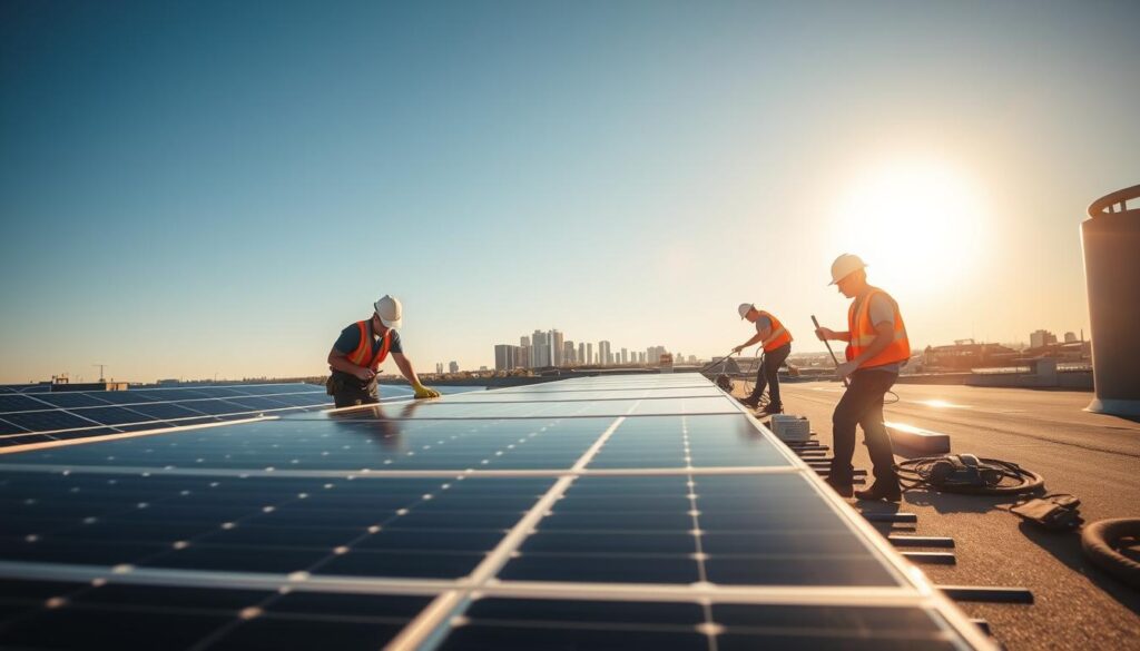 A professional solar panel cleaning crew at work on a sunny rooftop in Watertown, SD. In the foreground, workers carefully clean the panels with microfiber cloths and specialized cleaning solutions, ensuring optimal efficiency. The middle ground showcases the sleek, modern solar array framed by the clear blue sky. In the background, the city skyline gently rises, highlighting the growing adoption of renewable energy in the community. The scene is bathed in warm, golden sunlight, conveying a sense of progress and environmental stewardship. Crisp, high-resolution details capture the focus and precision of the service technicians as they maintain the solar panels to maximize their performance.