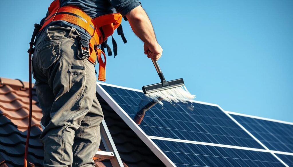 A professional solar panel cleaning technician, wearing a safety harness, standing on a ladder and using a specialized cleaning tool to meticulously wipe down the surface of a residential solar panel array. The panels are mounted on a rooftop, with a clear blue sky backdrop accentuated by natural sunlight casting dramatic shadows. The scene conveys a sense of precision, care, and expertise required for effective solar panel maintenance.