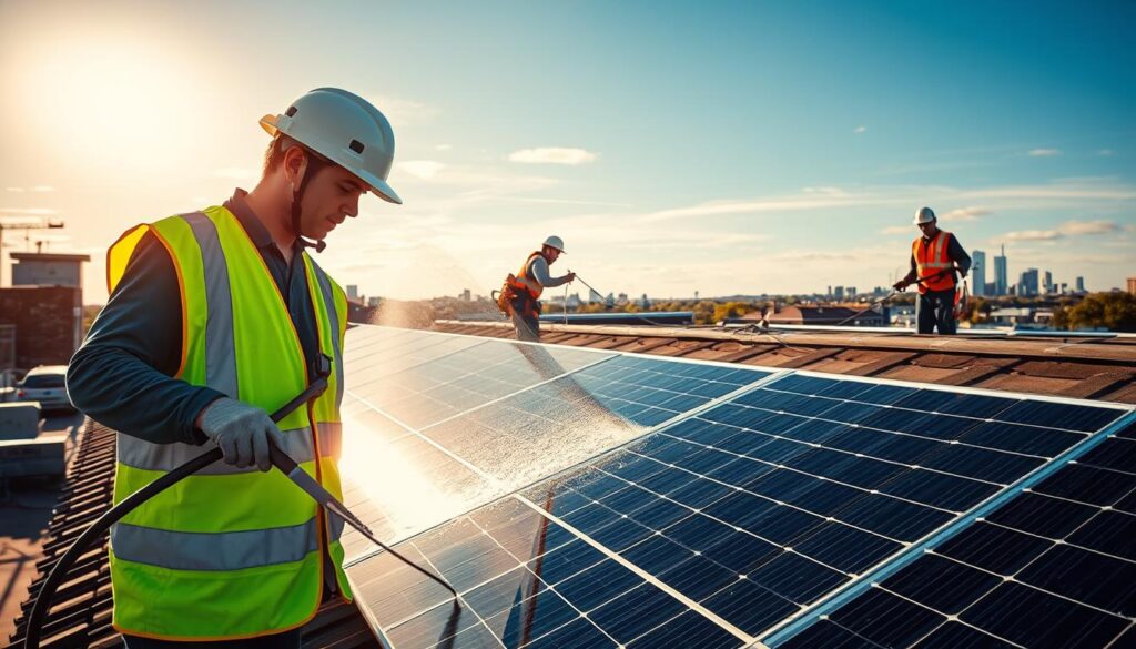A professional team of solar panel cleaners working diligently on a rooftop in Portland, Maine. In the foreground, a technician in a high-visibility vest uses a squeegee to wipe down a solar panel, ensuring maximum energy efficiency. In the middle ground, another worker operates a specialized cleaning rig, spraying purified water across the array. The background features a cloudless blue sky, with the city skyline visible in the distance, underscoring the urban setting. Warm, natural lighting illuminates the scene, casting a golden glow and highlighting the pristine, gleaming solar panels. The overall atmosphere conveys a sense of expertise, productivity, and the benefits of professional solar panel maintenance.