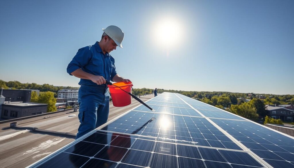 A professional technician in blue overalls is carefully cleaning a row of solar panels on a rooftop, using a squeegee and a bucket of soapy water. The sun is shining brightly in the clear blue sky, casting long shadows from the panels. In the background, the cityscape of Bangor, Maine is visible, with its distinctive architecture and lush greenery. The overall scene conveys a sense of diligence, efficiency, and a commitment to maintaining the optimal performance of the solar energy system.