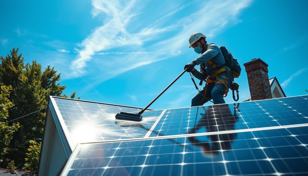 A professional worker performing thorough cleaning of a rooftop solar panel array, using a long-handled squeegee to wipe away dust and grime, under bright sunlight reflecting off the panel surfaces. The worker wears a safety harness and protective gear, carefully maneuvering on the angled roof. The surrounding area features lush greenery, a clear blue sky with wispy clouds, and the distinct architectural details of a residential home in Lewiston, Maine. The scene conveys the care and expertise required to maintain solar panels at peak efficiency, ensuring their long-term performance.