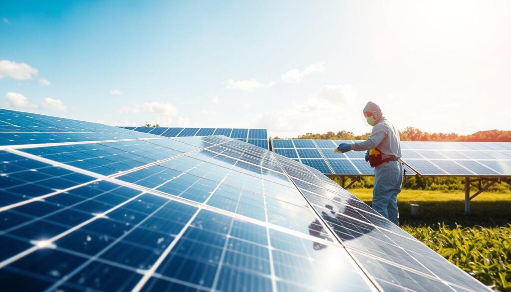 A serene solar panel array set against a bright, cloudless sky. The panels gleam with a clean, well-maintained sheen, their surfaces unblemished by dirt or debris. In the foreground, a technician in a protective suit carefully wipes down the panels with a microfiber cloth, meticulously removing any accumulated grime. The middle ground showcases the array's impressive size and scale, the individual panels neatly arranged in orderly rows. In the background, the lush, verdant landscape provides a natural backdrop, hinting at the environmental benefits of renewable solar energy. The scene conveys the importance of professional solar panel cleaning, ensuring maximum efficiency and longevity for the system.
