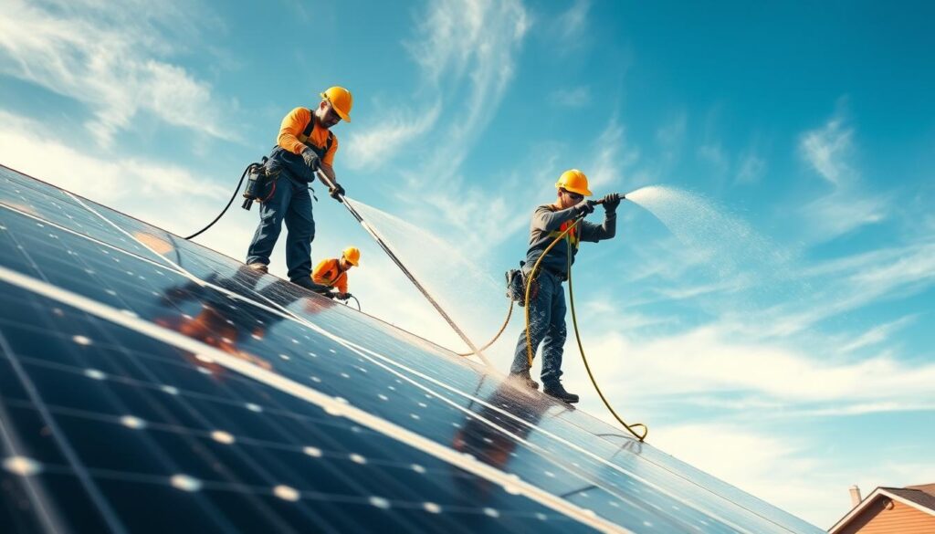 A solar panel cleaning crew hard at work on the rooftop of a residential home in West Fargo, ND. In the foreground, a worker carefully wipes clean the panels with a long-handled squeegee, ensuring maximum efficiency and energy output. In the middle ground, another worker uses a high-pressure hose to rinse away accumulated dirt and debris, while a third worker monitors the process from the ground below. The background features a clear, sunny sky with wispy clouds, casting a warm, natural light across the scene. The overall atmosphere conveys a sense of meticulous care and attention to detail in the solar panel cleaning process.