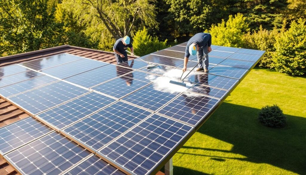 A solar panel installation in a residential backyard, with a crew of two technicians cleaning the panels with specialized tools. The panels are positioned on a slanted roof, bathed in warm afternoon sunlight. The technicians use squeegees and brushes to gently wipe away any accumulated dust and debris, ensuring maximum solar efficiency. The well-manicured lawn and lush foliage in the background create a serene, idyllic setting. The scene is captured with a wide-angle lens, showcasing the scale of the installation and the meticulous care taken by the professionals. An air of quiet concentration and attention to detail permeates the image, underscoring the importance of proper solar panel maintenance in Grand Forks.