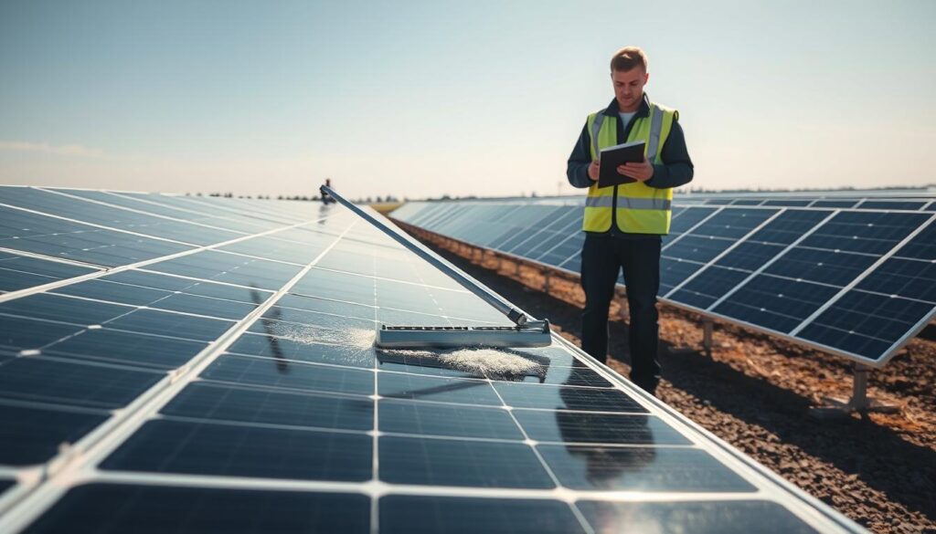 A striking outdoor scene of a professional solar panel cleaning crew at work. In the foreground, a technician in a safety vest uses a long-handled squeegee to meticulously clean the surface of a large, sleek solar panel, leaving it sparkling clean. In the middle ground, another worker inspects the panels with a clipboard, ensuring thorough attention to detail. In the background, rows of solar panels stretch out under a bright, cloudless sky, casting long shadows on the ground. The lighting is natural and evenly diffused, highlighting the precision and care of the cleaning process. The overall mood is one of efficiency, expertise, and a dedication to sustainable energy.