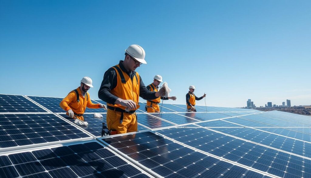 A sunny day in West Fargo, ND, where a well-maintained solar panel array stands tall against a clear blue sky. The foreground features a team of professional solar panel cleaners, their tools and equipment neatly arranged, as they meticulously wipe down the panels with microfiber cloths, ensuring maximum efficiency and energy output. The middle ground showcases the solar panels, their surfaces gleaming with a faint reflection of the surrounding landscape. In the background, the city's skyline serves as a backdrop, emphasizing the integration of renewable energy technology within the local community. The overall scene conveys a sense of diligence, sustainability, and the importance of proper solar panel maintenance for homeowners and businesses alike.