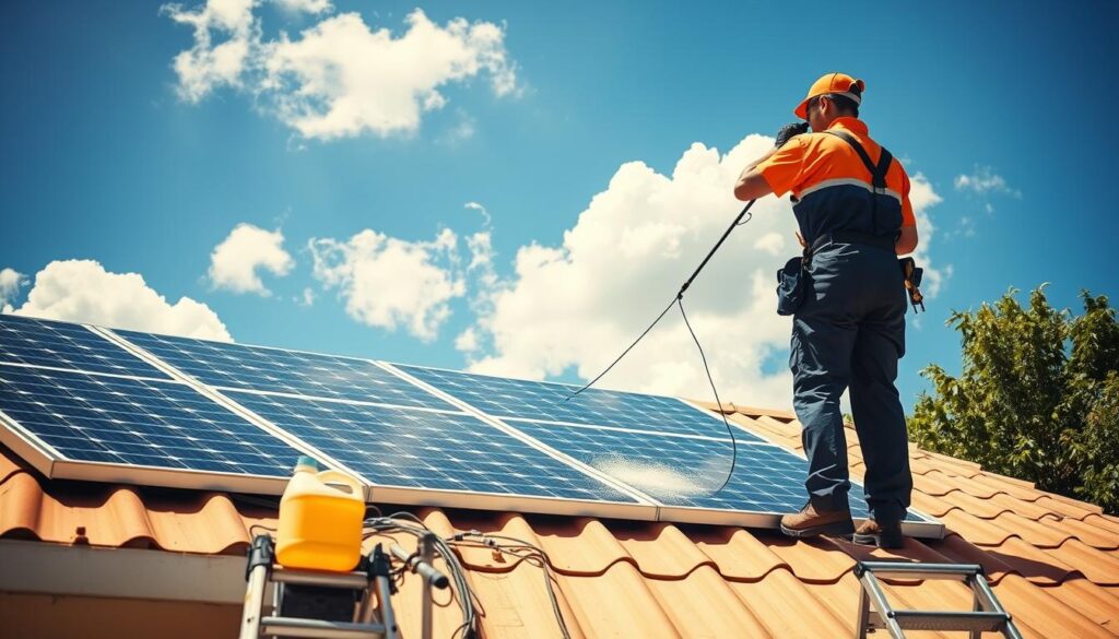 A sunny, well-lit outdoor scene, a technician in a uniform cleaning solar panels on a roof, using a squeegee and cleaning solution, with a ladder and cleaning supplies in the foreground, the middle ground featuring the solar panels being cleaned, and the background showcasing a clear blue sky with fluffy white clouds. The image has a professional, hardworking atmosphere, capturing the essence of a reliable solar panel cleaning service.