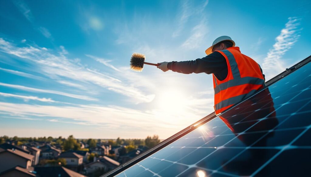 A technician in a high-visibility vest carefully cleaning solar panels on a residential rooftop in West Fargo, North Dakota. The midday sun casts long shadows as the worker meticulously wipes away dust and grime using a soft-bristle brush, ensuring maximum efficiency and energy generation. In the background, a clear blue sky dotted with wispy clouds, and the suburban neighborhood of West Fargo stretches out below. The scene conveys the importance of regular solar panel maintenance for homeowners seeking to optimize their renewable energy system.