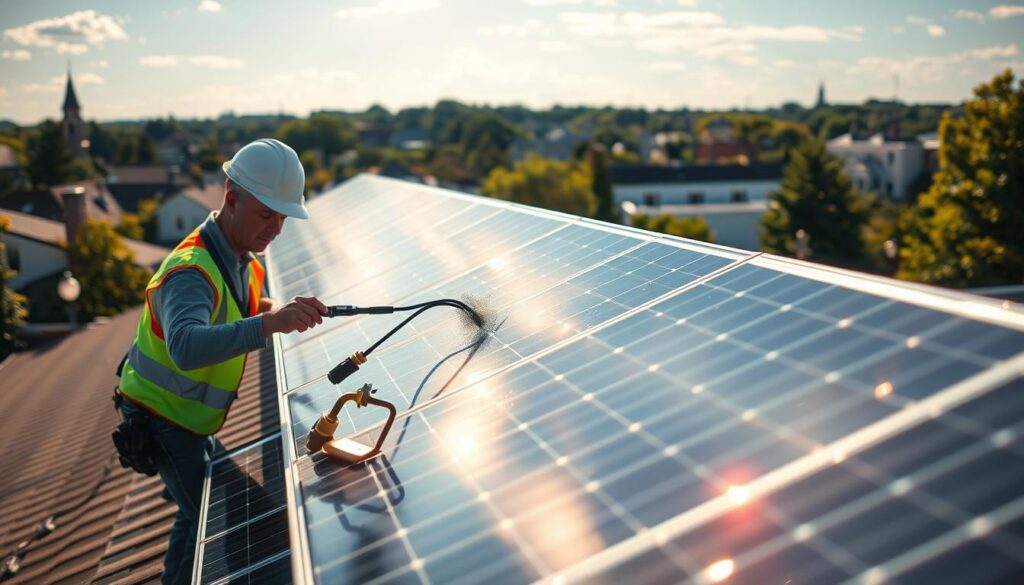 A technician meticulously inspecting a row of solar panels on a rooftop in Bangor, Maine on a sunny day. The panels are positioned at an optimal angle, glinting in the warm light. The technician, dressed in a safety vest and hard hat, uses a specialized cleaning tool to gently wipe away any accumulated dust and debris, ensuring maximum efficiency. In the background, the cityscape of Bangor is visible, with its distinctive architecture and lush greenery. The overall scene conveys a sense of professionalism, attention to detail, and a commitment to maintaining the optimal performance of the solar installation.