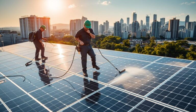 A vibrant and well-lit outdoor scene showcasing a professional solar panel cleaning service in action. In the foreground, a team of technicians in uniforms meticulously clean the solar panels using specialized equipment and tools. The middle ground features a neatly arranged array of solar panels on a rooftop, their surfaces gleaming under the warm afternoon sunlight. In the background, a picturesque city skyline with modern high-rise buildings and lush greenery. The scene exudes a sense of efficiency, attention to detail, and a commitment to renewable energy solutions.