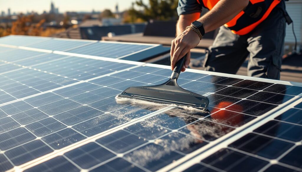A well-lit outdoor scene of a solar panel array being cleaned by a professional technician in Portland, Maine. The technician is wiping the panels with a squeegee, removing dirt and grime to maximize solar energy production. The panels are situated on a residential rooftop, with the city skyline visible in the background. The lighting is crisp and natural, with the sun casting warm shadows across the scene. The angle showcases the scale and efficiency of the solar panel system, highlighting the importance of regular maintenance for optimal performance.