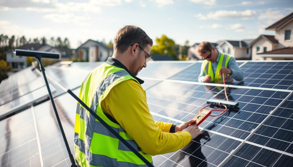 A well-lit, professional setting with a team of cleaners meticulously attending to a residential solar panel array. In the foreground, a worker in a high-visibility vest uses a specialized squeegee to wipe the panels, ensuring maximum sunlight exposure. In the middle ground, another worker inspects the electrical connections with a multimeter, verifying optimal performance. The background features a suburban neighborhood, with the panels installed on the roof of a modern, energy-efficient home. The scene conveys a sense of expertise, attention to detail, and the tangible benefits of regular professional solar panel maintenance.