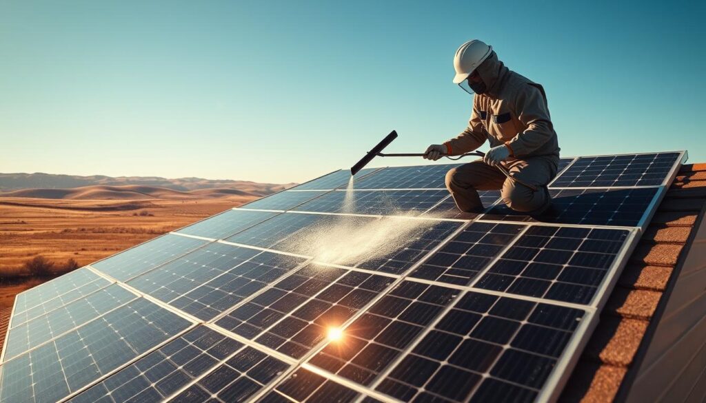 A wide, high-angle view of a skilled technician carefully cleaning a rooftop array of solar panels in Aberdeen, South Dakota. The panels are situated on a modern, pitched residential roof, bathed in warm, golden afternoon sunlight. The technician, dressed in a protective jumpsuit, uses a specialized squeegee tool to methodically wipe away accumulated dust and grime, ensuring maximum energy efficiency. In the background, a clear blue sky with distant rolling hills creates a peaceful, rural atmosphere. The image conveys the professional, meticulous process of solar panel cleaning and the benefits of maintaining peak performance in this scenic South Dakota setting.