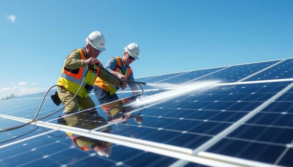 An image of OrganiClean technicians cleaning solar panels in Auburn, ME