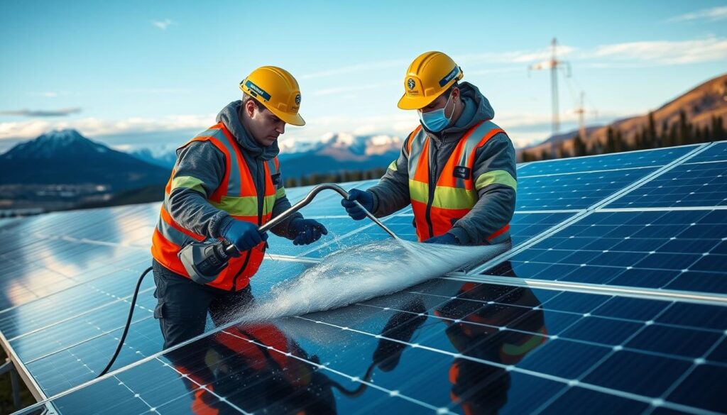 Generate an image of Alaska Solar Solutions technicians using advanced water purification technology to clean solar panels.