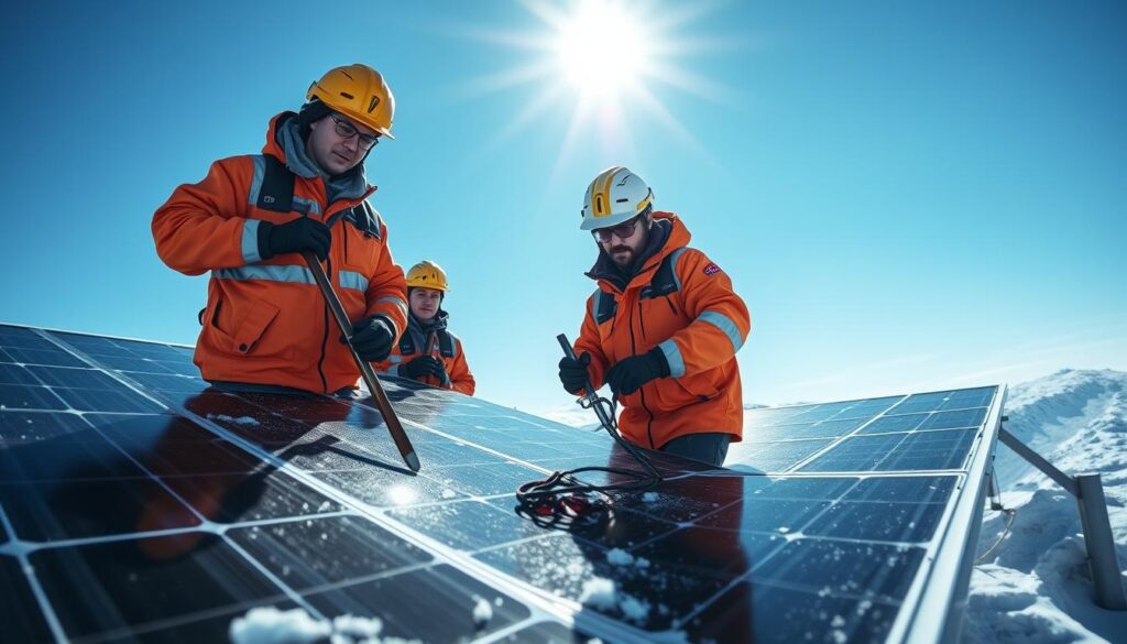 Generate an image of Arctic Solar Solutions' team performing solar panel maintenance in Anchorage.